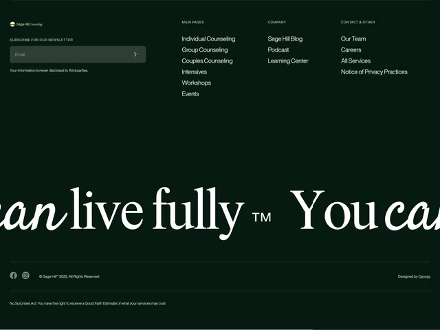 Sage Hill counseling site footer, dark-mode, minimal, dark