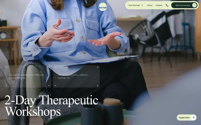 Sage Hill therapeutic workshops hero, minimal, editorial, warm