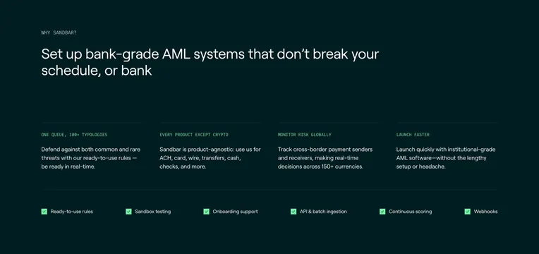 Sandbar features section with four-column benefit grid, dark-mode, minimal, dark