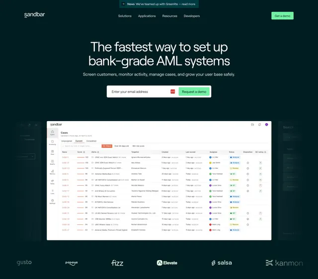 Sandbar centered hero with email capture and dashboard preview, dark-mode, minimal, dark