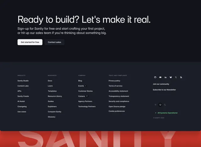 Sanity footer with five link columns and giant wordmark bleed, dark-mode, minimal, dark