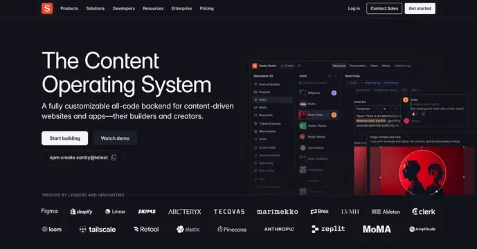 Sanity split hero with editor preview and logo wall, dark-mode, minimal, dark