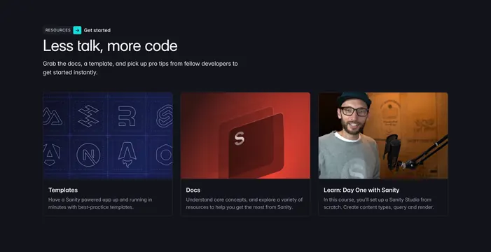 Sanity resources section with image-topped cards, dark-mode, editorial, dark