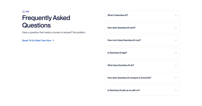 Seamless two-column FAQ with sticky intro and accordion list, light-mode, minimal, light