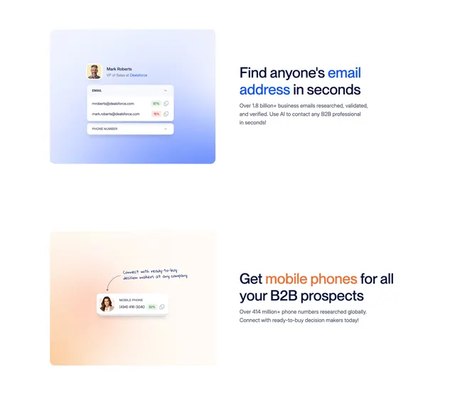 Seamless alternating feature rows with gradient UI cards, light-mode, gradient-heavy, light