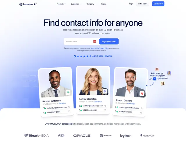 Seamless centered hero with email signup and contact cards, light-mode, gradient-heavy, light