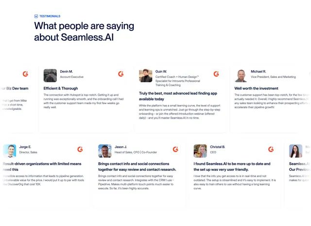 Seamless.AI staggered testimonial slider, light-mode, minimal, light