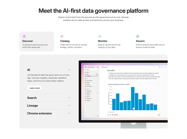 Secoda features with accordion and product preview, light-mode, minimal, light