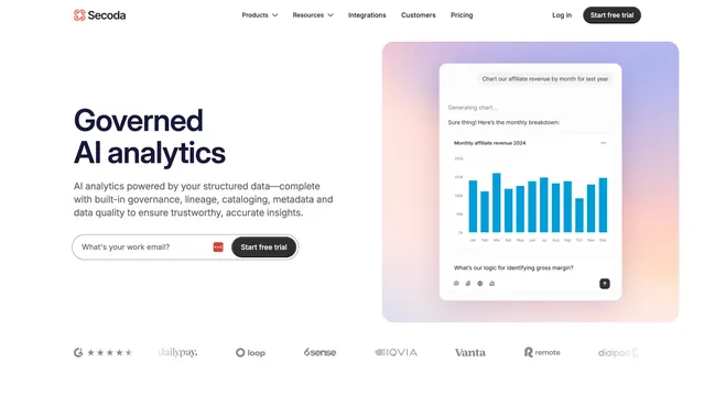 Secoda split hero with AI-chart product card and logo row, light-mode, gradient-heavy, light