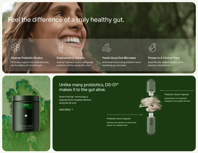 Seed gut health bento feature grid, minimal, editorial, dark