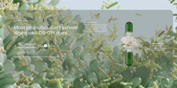 Seed ViaCap 3D capsule feature with clinical stat, minimal, 3d-render, dark