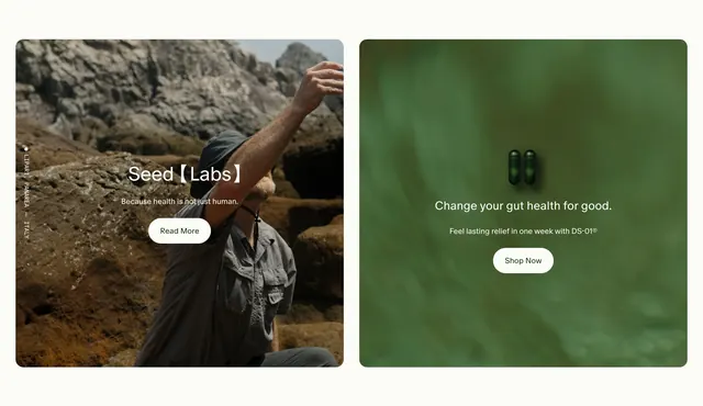 Seed dual-card CTA with Labs story and shop, minimal, photographic, light