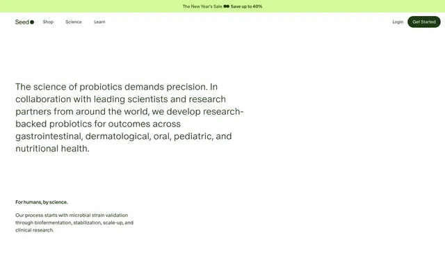 Seed science hero with typography-led manifesto, minimal, light-mode, light
