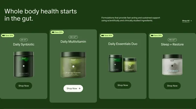 Seed supplements product grid, dark-mode, minimal, dark