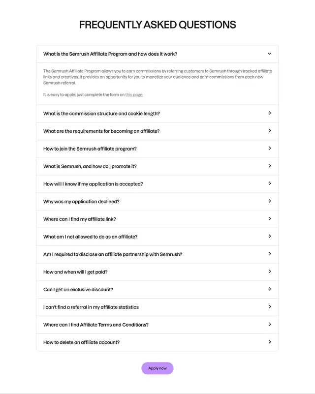 Semrush affiliate program FAQ accordion, minimal, light-mode, light