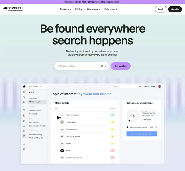 Semrush brand visibility hero with dashboard, minimal, light-mode, light