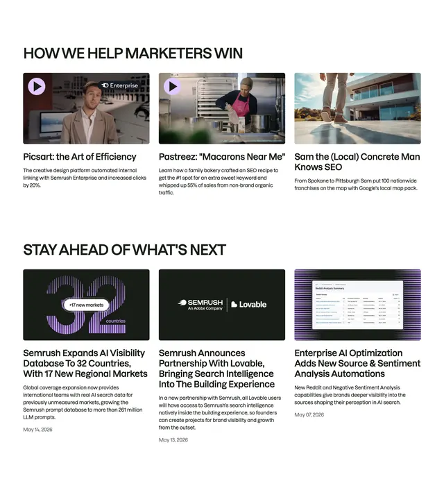 Semrush customer stories and news grids, minimal, light-mode, light