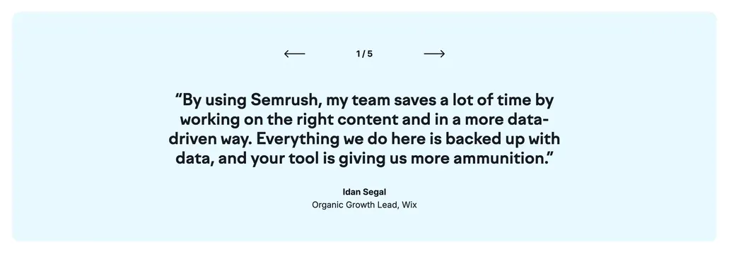 Semrush centered testimonial carousel, minimal, light-mode, light