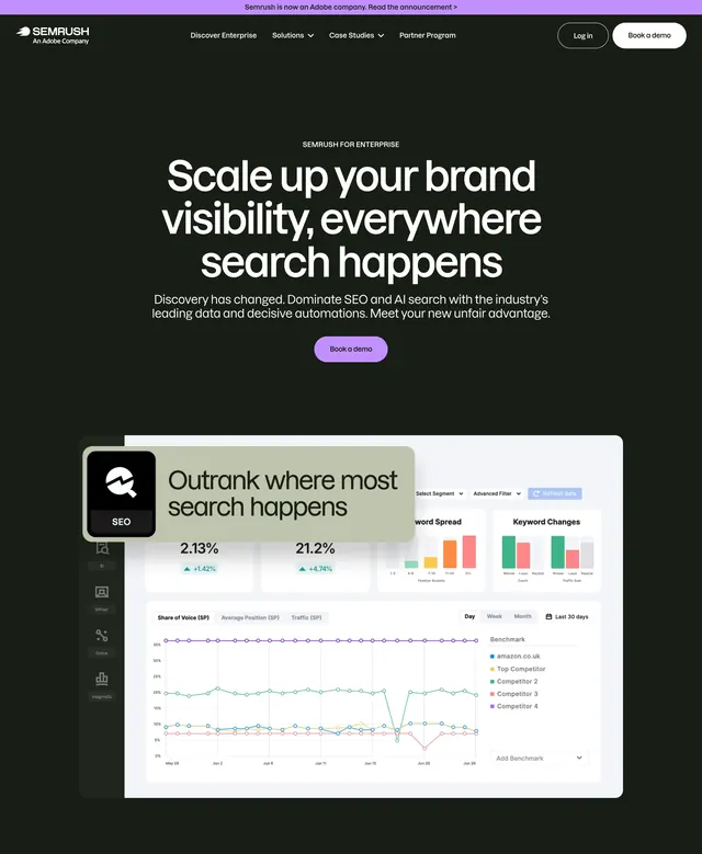 Semrush enterprise dark hero with dashboard, dark-mode, minimal, dark