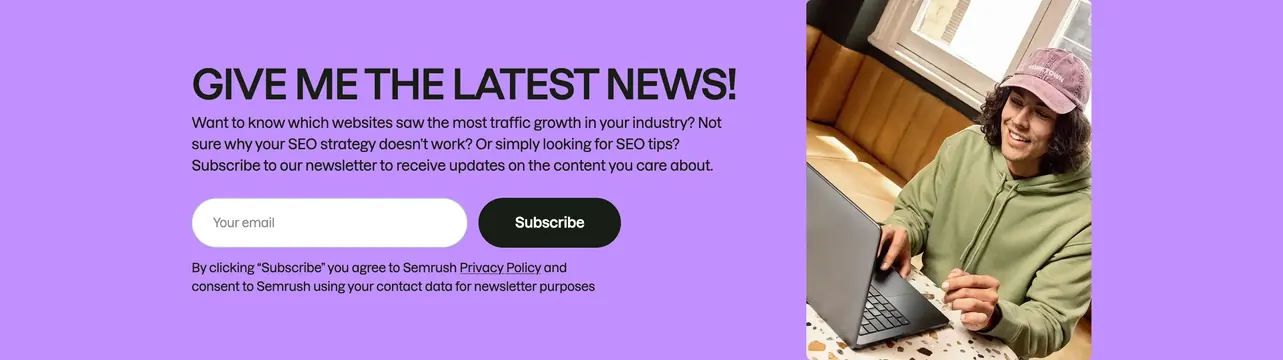 Semrush lavender newsletter CTA, minimal, corporate-clean, light