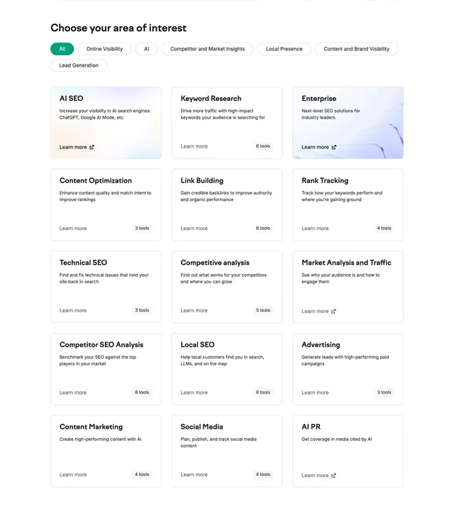 Semrush product interest grid, minimal, corporate-clean, light