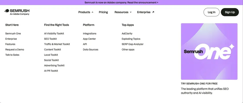 Semrush products mega menu, minimal, corporate-clean, light