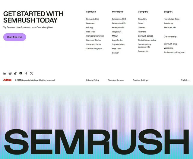 Semrush site footer with CTA, minimal, corporate-clean, light