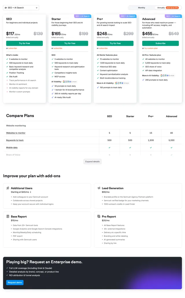 Semrush tiered subscription pricing, light-mode, corporate-clean, light