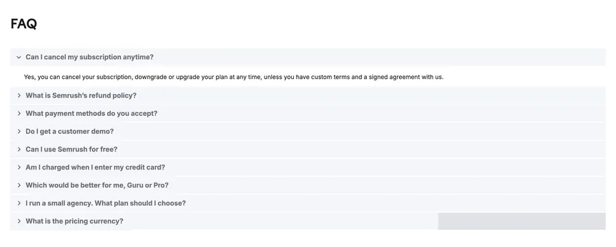 Semrush support FAQ accordion, light-mode, minimal, light