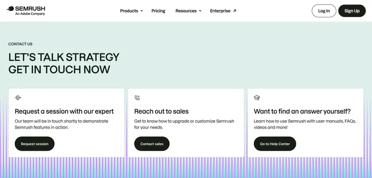 Semrush contact three-card hub, light-mode, minimal, light