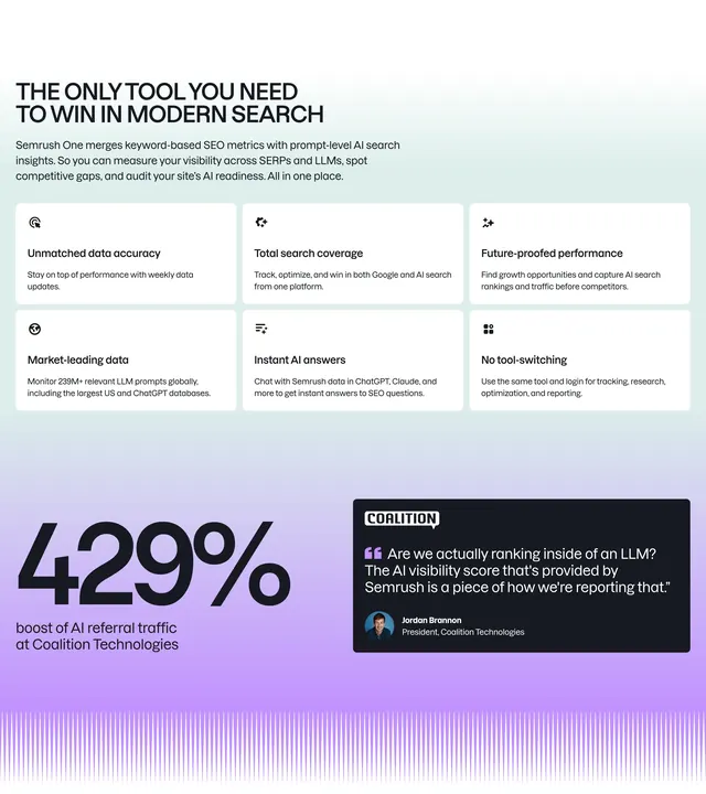 Semrush One value proposition grid, light-mode, gradient-heavy, light