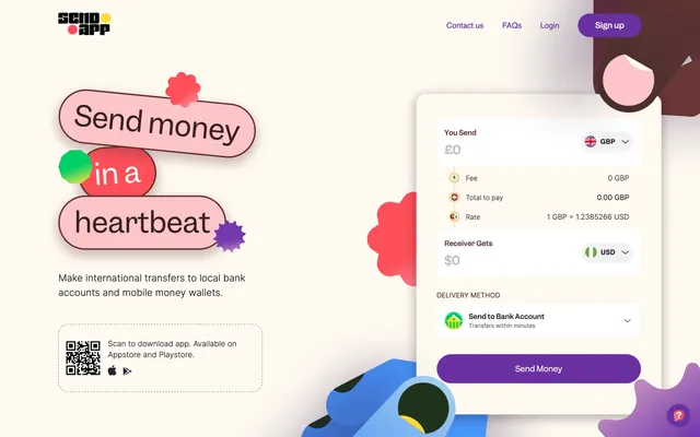 Send App money transfer hero, light-mode, playful, light
