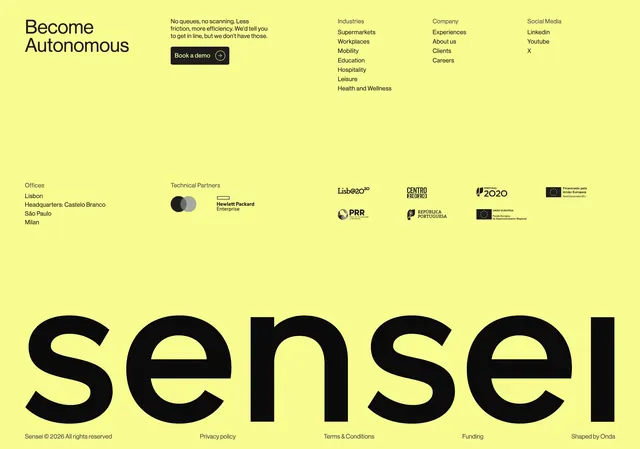 Sensei lime footer information grid, minimal, swiss, vibrant