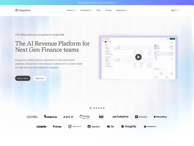 Sequence AI revenue platform hero, minimal, light-mode, light