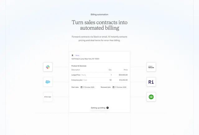 Sequence contract-to-billing hub diagram, minimal, light-mode, light