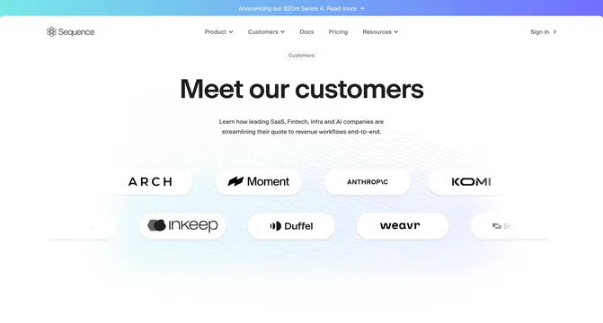 Sequence customer proof page hero, minimal, light-mode, light