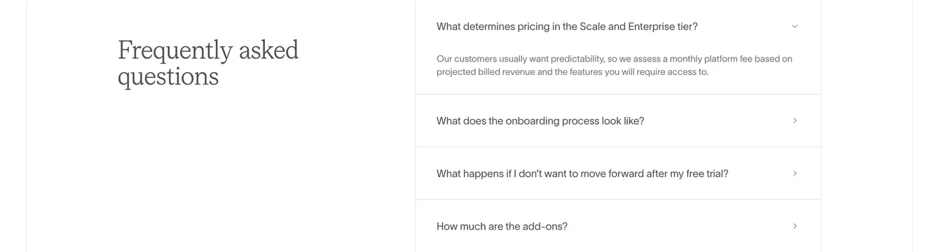 Sequence pricing FAQ accordion, minimal, light-mode, light