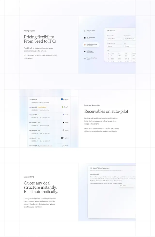 Sequence pricing invoicing CPQ alternating features, minimal, light-mode, light