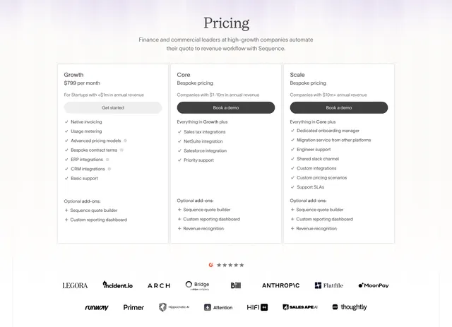 Sequence three-tier pricing with logo wall, minimal, light-mode, light
