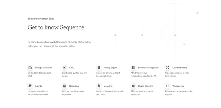 Sequence product suite icon grid with radar graphic, minimal, light-mode, light
