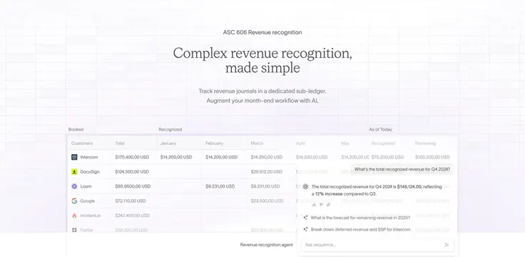 Sequence ASC 606 revenue table with AI agent overlay, minimal, light-mode, light