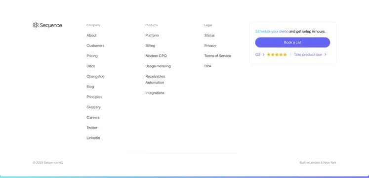 Sequence footer with demo CTA card and link columns, minimal, light-mode, light
