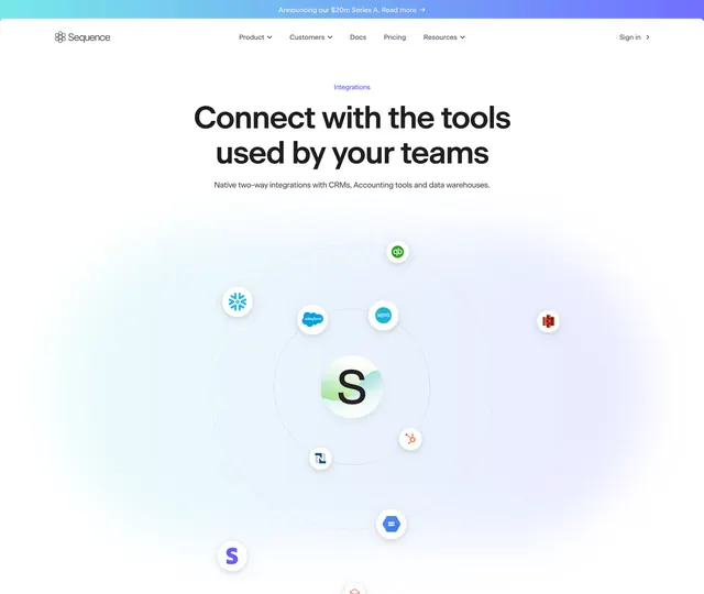Sequence integrations hero with orbital logo map, minimal, light-mode, light
