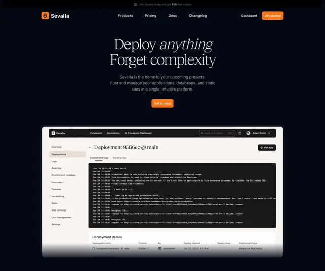 Sevalla dark hero with deployment dashboard, dark-mode, editorial, dark