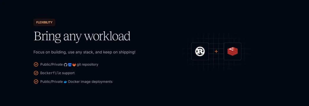 Sevalla bring any workload feature with stack icons, minimal, dark-mode, dark