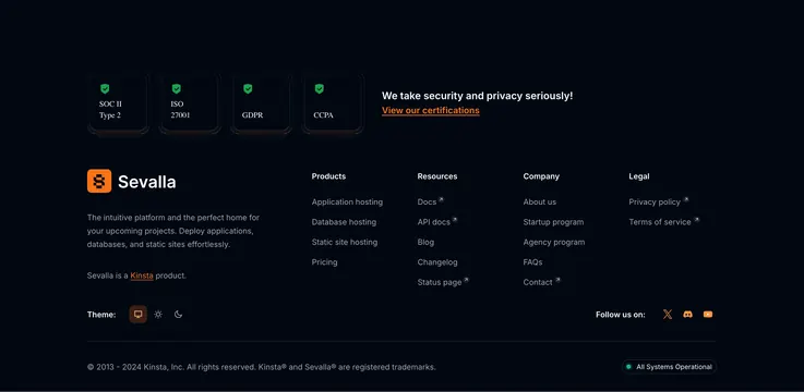 Sevalla footer with security badges and theme switcher, minimal, dark-mode, dark
