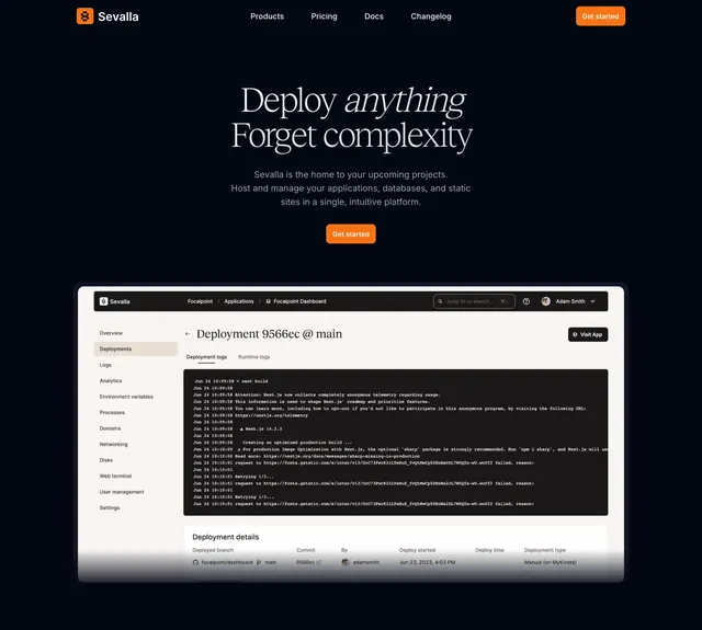Sevalla deploy anything hero with dashboard screenshot, minimal, dark-mode, dark