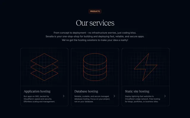 Sevalla three-card services grid with wireframe icons, minimal, dark-mode, dark