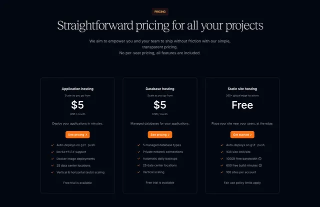 Sevalla dark three-tier pricing cards, dark-mode, editorial, dark