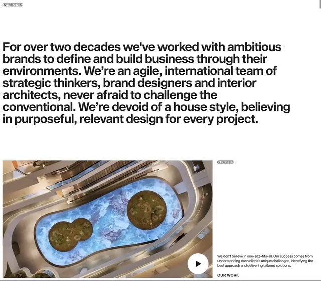 Shed introduction philosophy with aerial atrium video, editorial, minimal, light